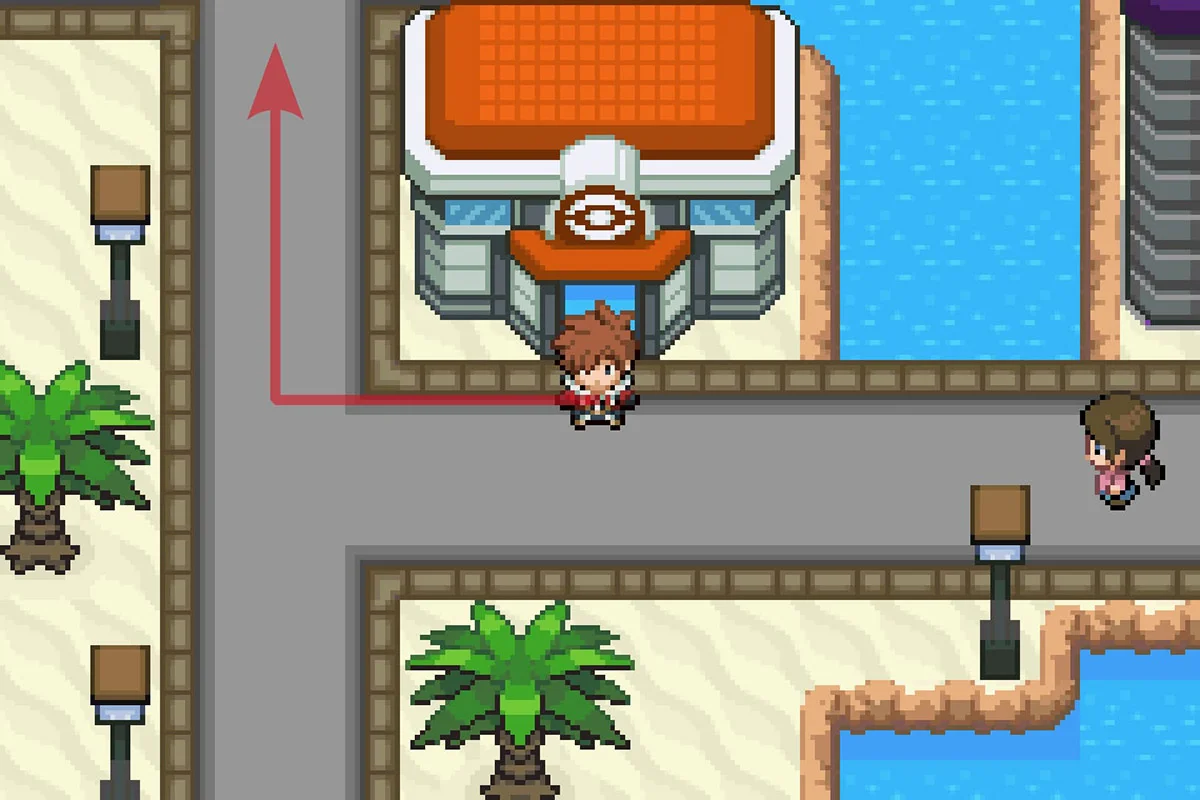 데하라 시티 포켓몬센터 밖에 서 있는 모습. / Pokémon Unbound