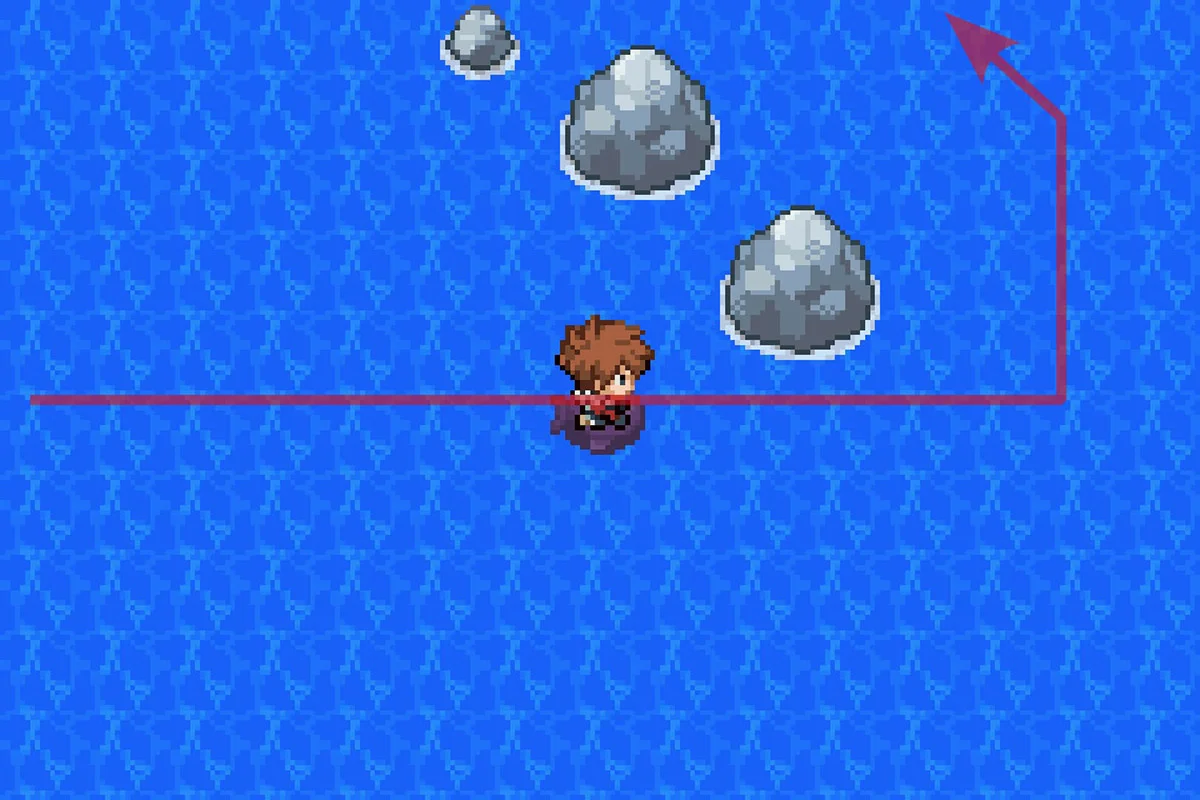 바위를 지나 수영한 후 북쪽으로 방향을 트는 모습. / Pokémon Unbound