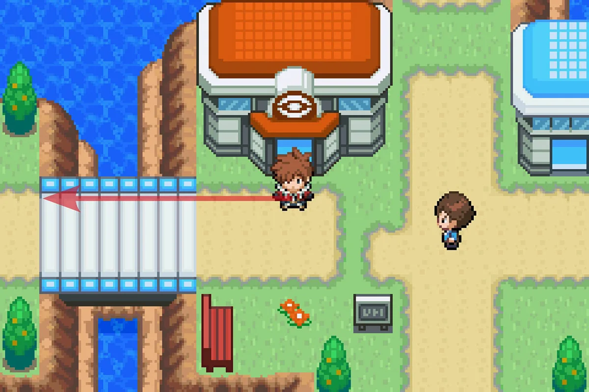 드레스코 타운 포켓몬센터 밖에 서 있는 모습. / Pokémon Unbound