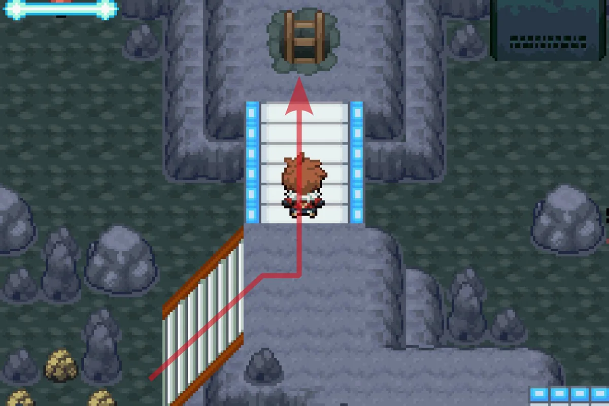 플랫폼으로 가는 계단을 오르고 북쪽 사다리를 내려가는 모습. / Pokémon Unbound
