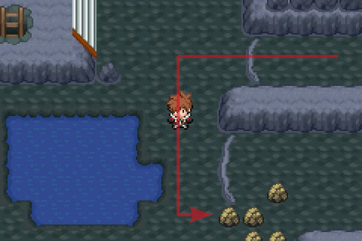 부술 수 있는 바위 뒤 경로를 따라가는 모습. / Pokémon Unbound