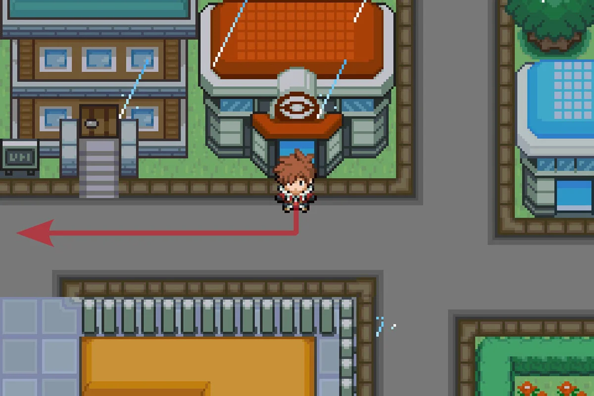 폴쇼어 시티 포켓몬센터 밖에 서 있는 모습. / Pokémon Unbound