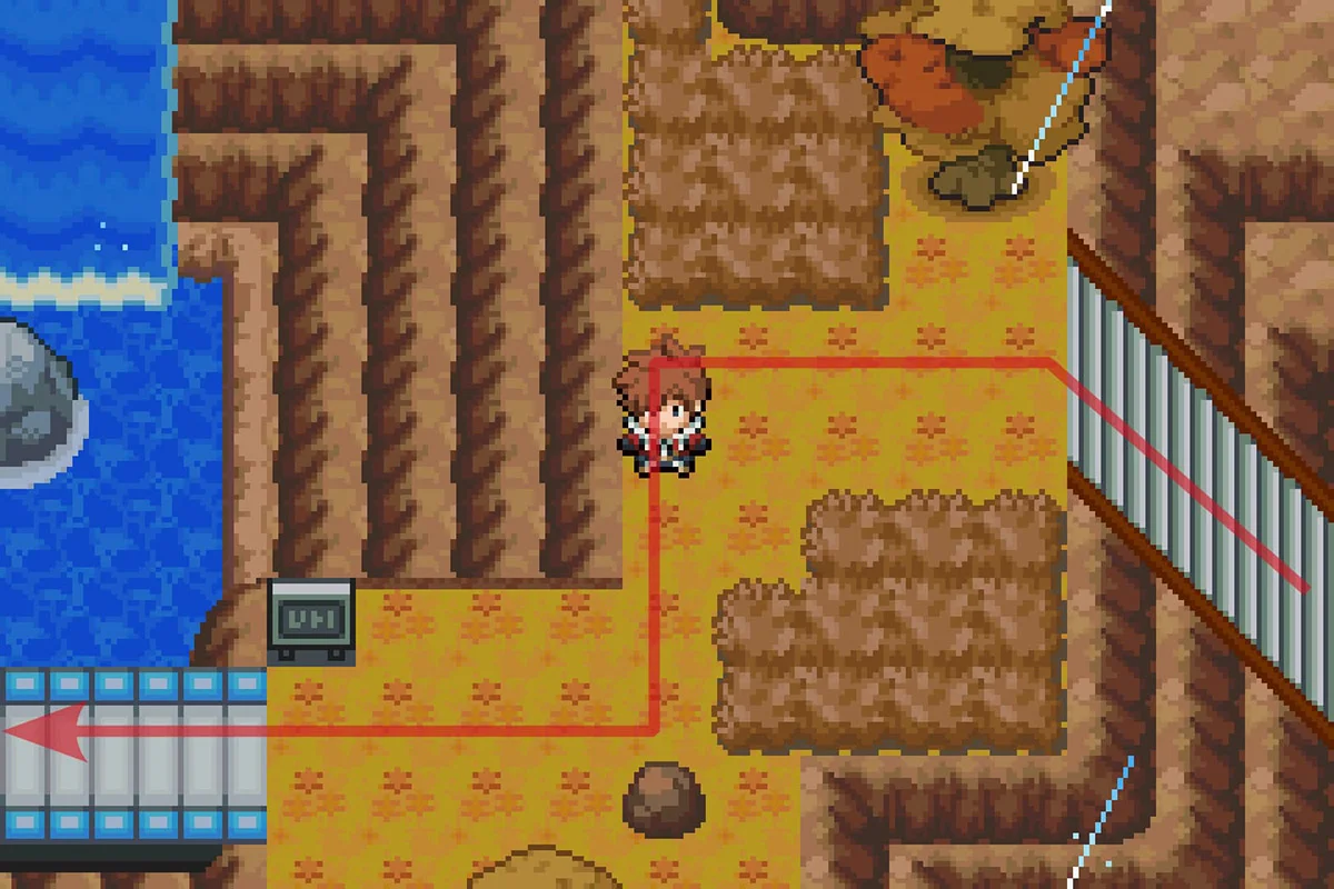 폭포 앞에 있는 파란 다리를 건너는 모습. / Pokémon Unbound