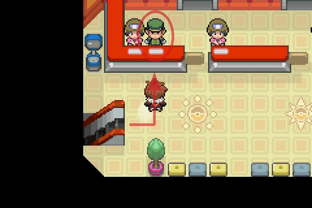 녹색 옷을 입은 NPC와 상호작용하는 모습. / Pokémon Unbound