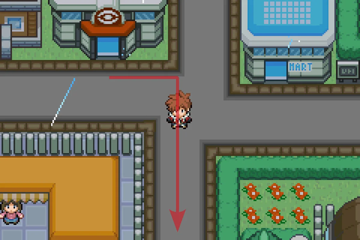 폴쇼어 시티 포켓몬센터에서 남쪽으로 가는 모습. / Pokémon Unbound