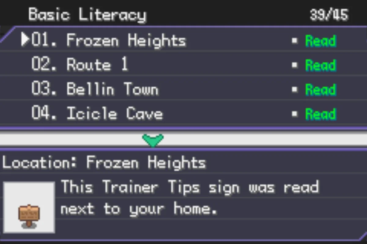 미션 로그에서 읽은 표지판 확인 가능 / Pokémon Unbound