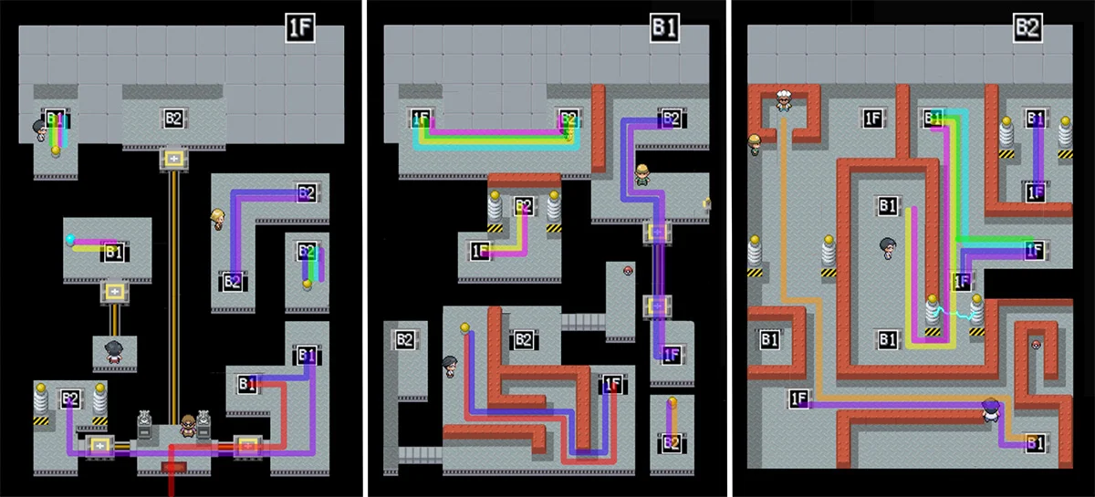 The optimal Gym route - the color of the line changes when a bulb switch is pressed / Pokémon Unbound