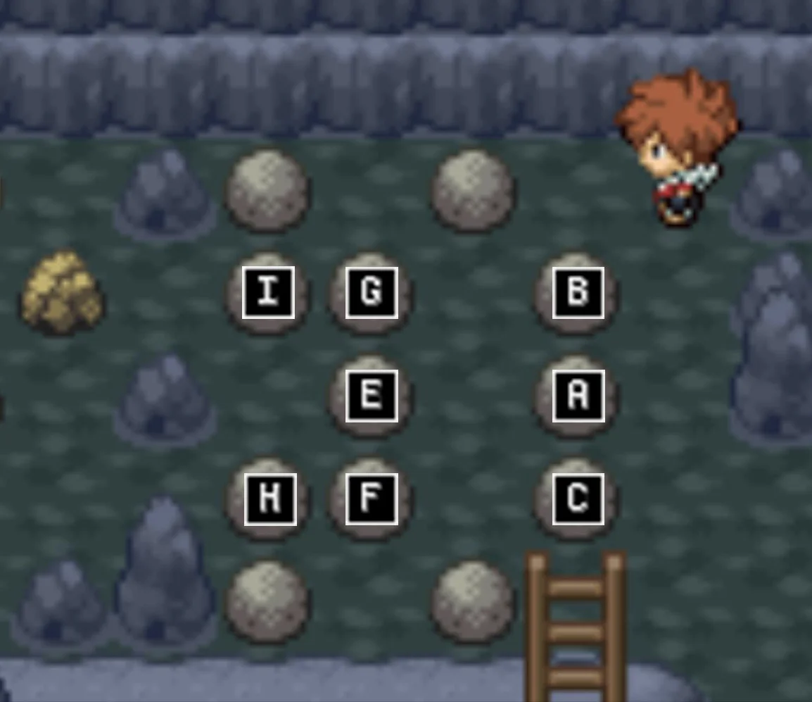 Each boulder has a letter - refer to this image / Pokémon Unbound