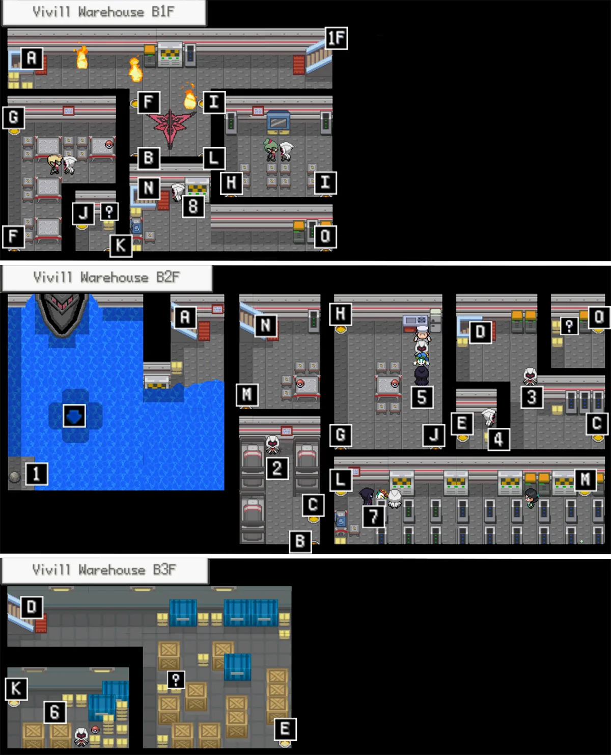 Vivill Warehouse map - each letter is a teleporter, linked to the same letter in a different room / Pokémon Unbound