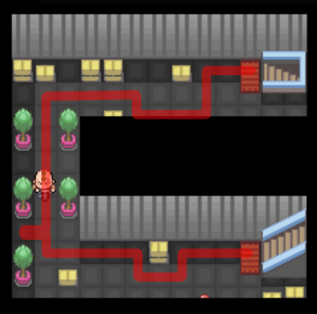 Follow the red line - avoiding contact with the biker - to get to the stairs / Pokémon Unbound