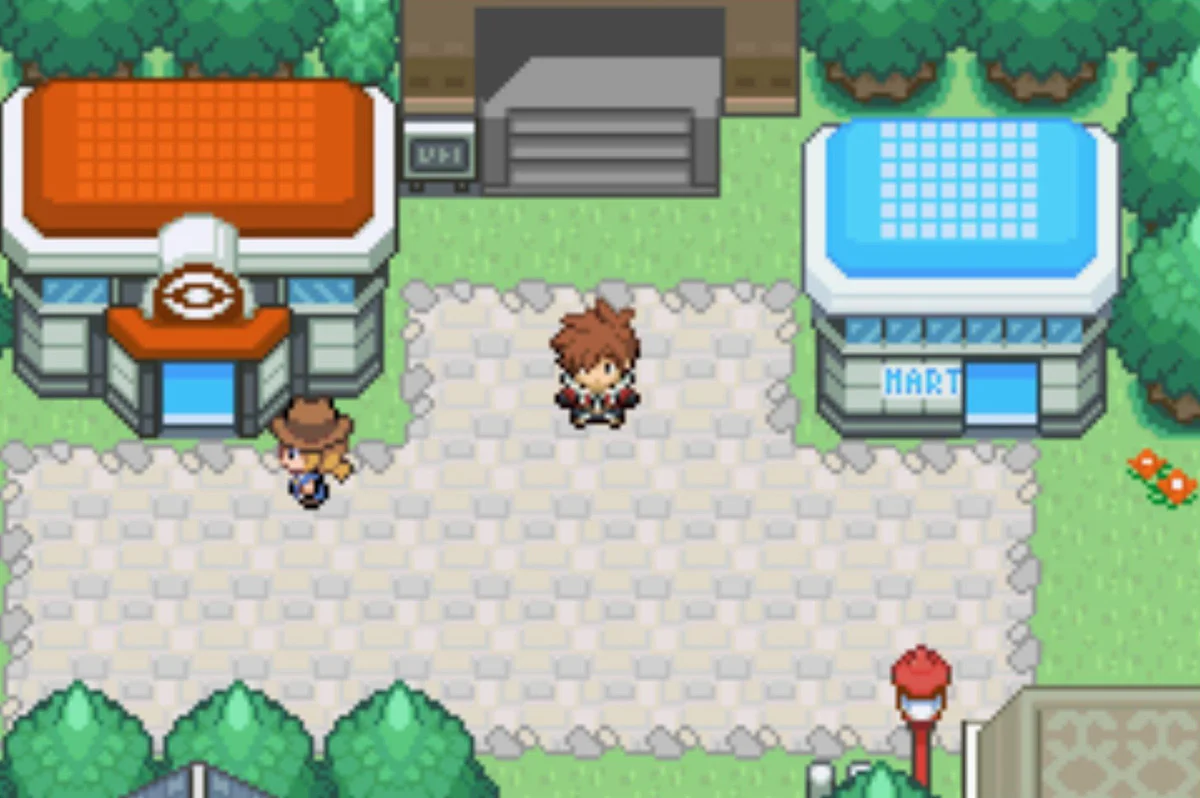 The Pokemon Center, the Battle Frontier gate, and the Poke Mart / Pokémon Unbound