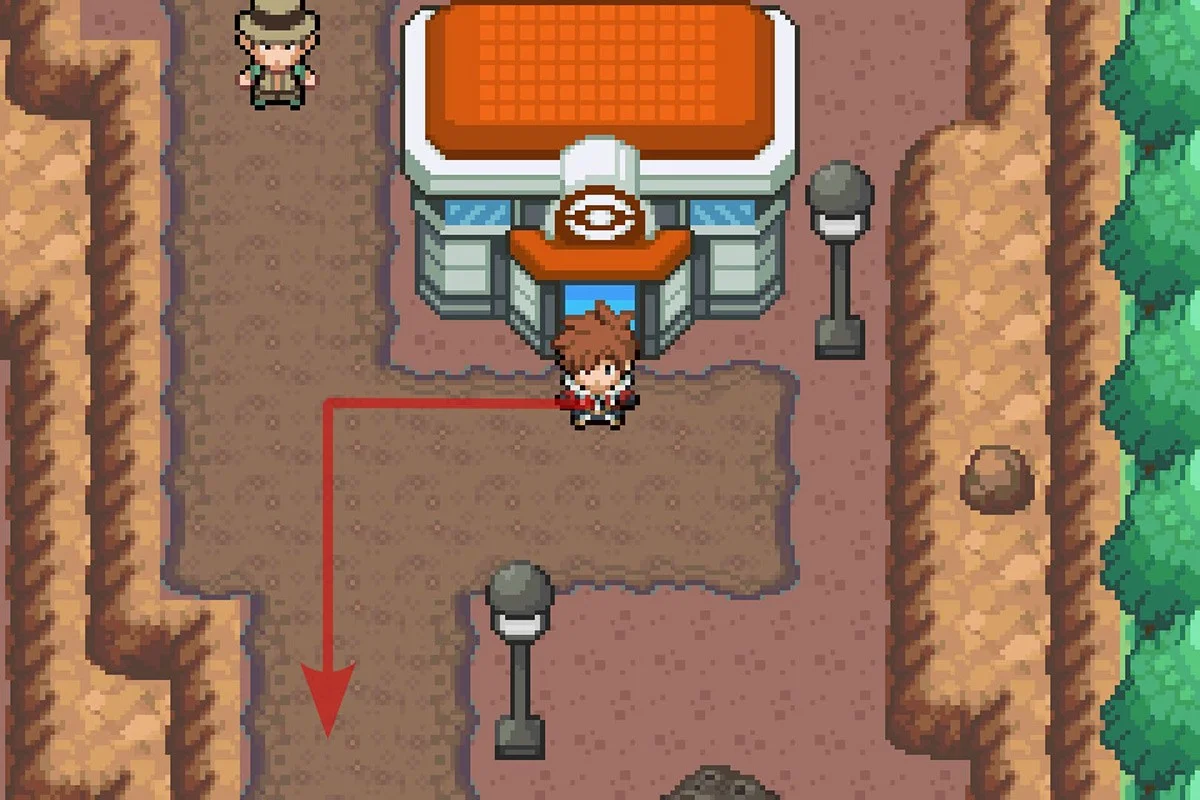 Standing outside of the Crater Town Pokémon Center. / Pokémon Unbound