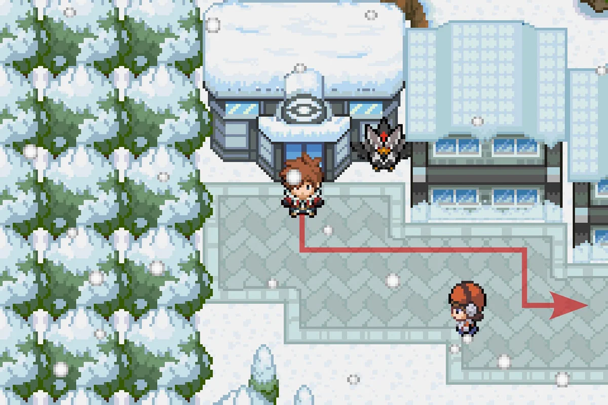 눈보라시티 포켓몬 센터 밖에 서 있는 모습. / Pokémon Unbound